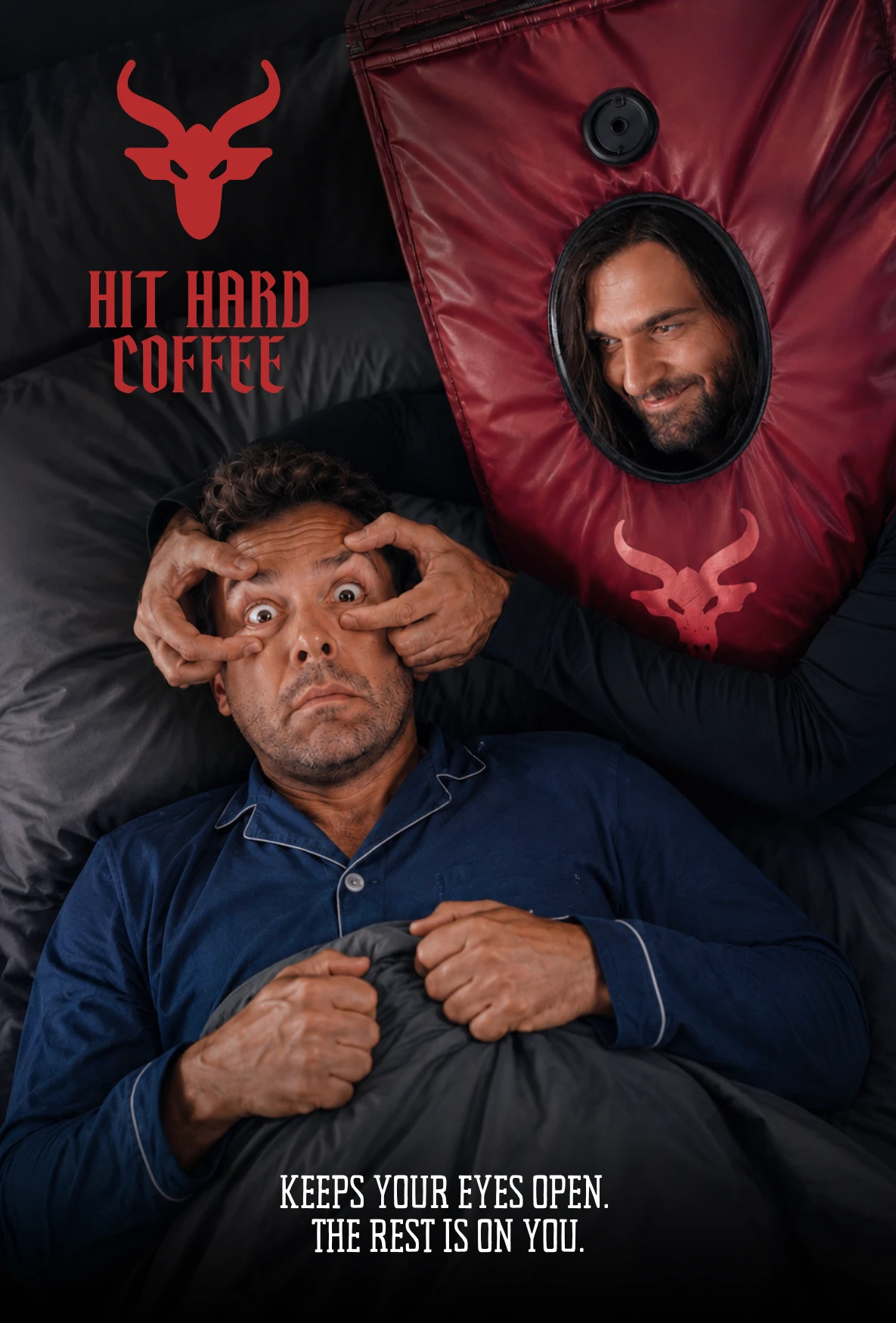 Hit Hard Coffee campaign poster featuring two people in bed