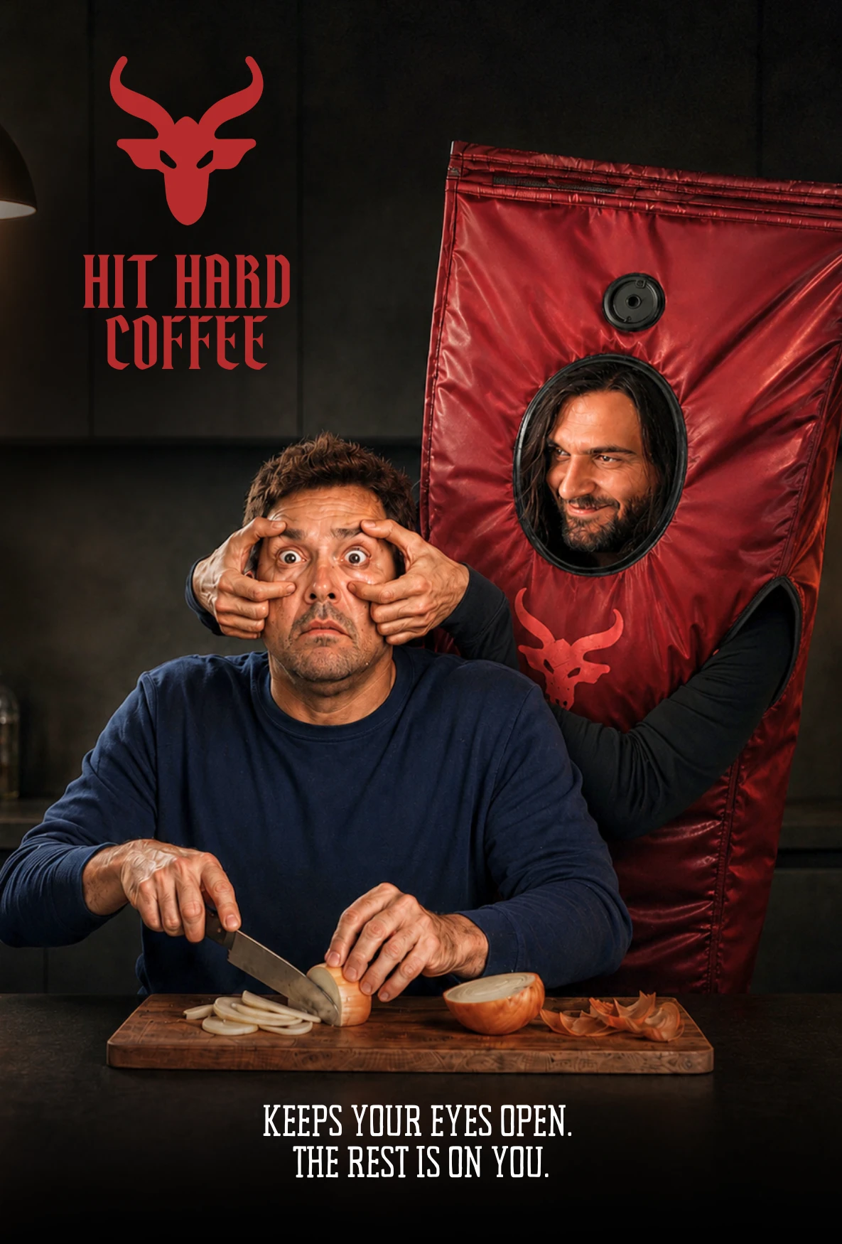 Hit Hard Coffee campaign poster featuring two people in a kitchen
